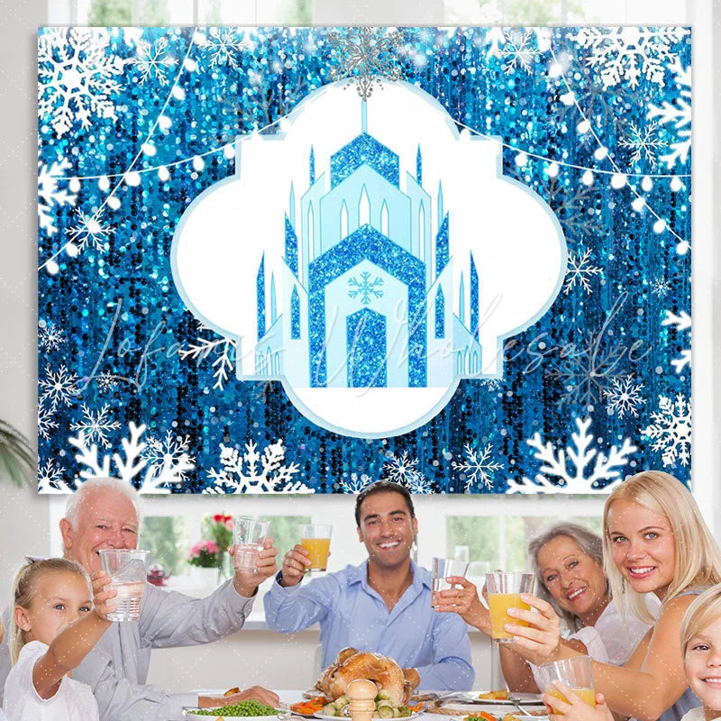 Lofaris Blue Castle And White Snowflake Christmas Backdrop