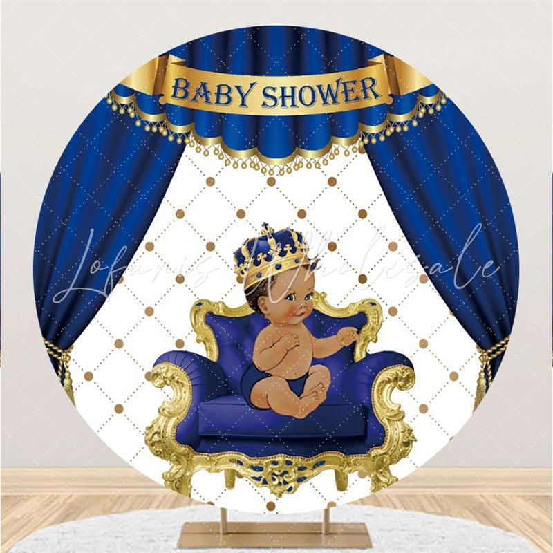 Lofaris Blue Curtain With Crown Boy Circle Baby Shower Backdrop