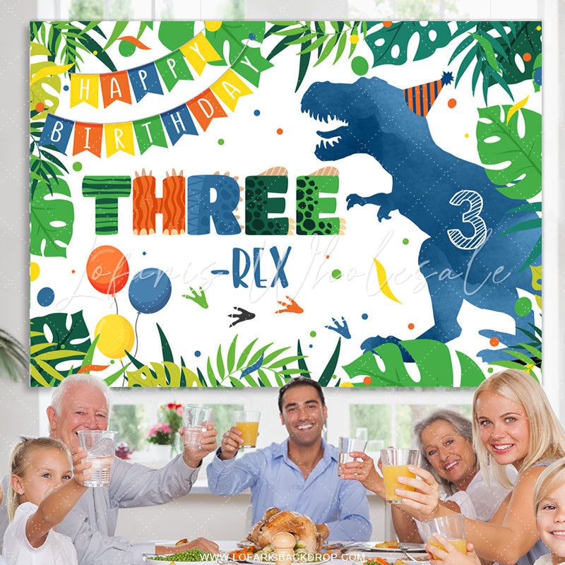 Lofaris Blue Dinosaur Forest Three Happy Birthday Backdrop