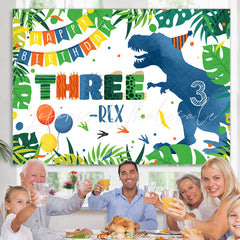 Lofaris Blue Dinosaur Forest Three Happy Birthday Backdrop