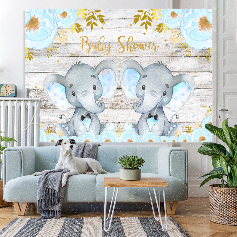 Lofaris Blue Elephant And Floral Wood Baby Shower Backdrop