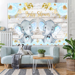 Lofaris Blue Elephant And Floral Wood Baby Shower Backdrop