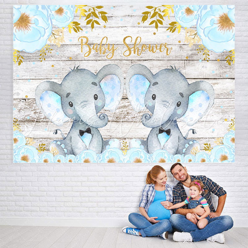 Lofaris Blue Elephant And Floral Wood Baby Shower Backdrop