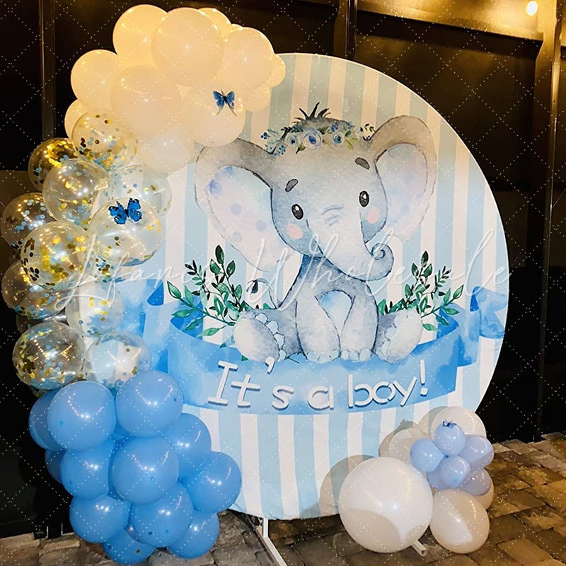 Lofaris Blue Elephant Floral Round Baby Shower Backdrop For Boy