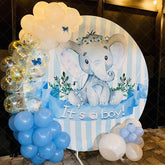 Lofaris Blue Elephant Floral Round Baby Shower Backdrop For Boy