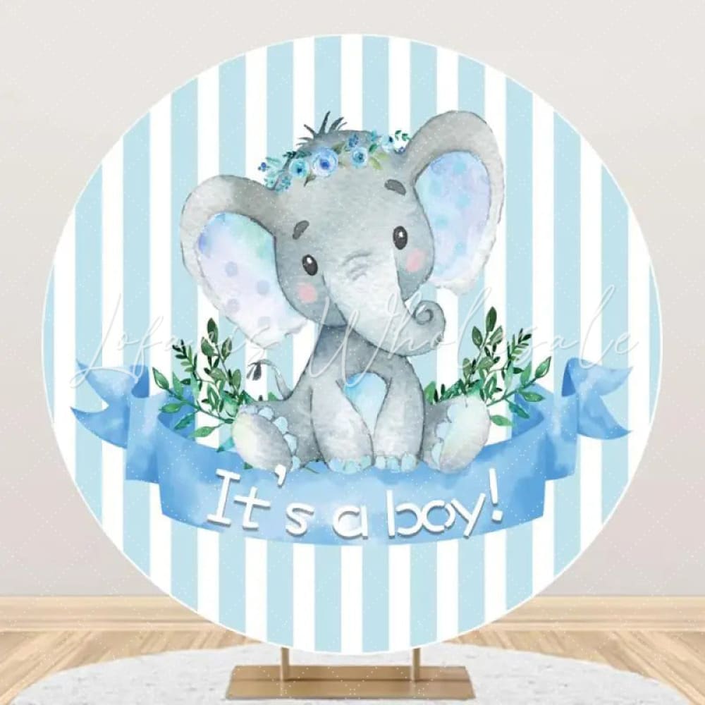 Lofaris Blue Elephant Stripe Leaf Round Baby Shower Backdrop