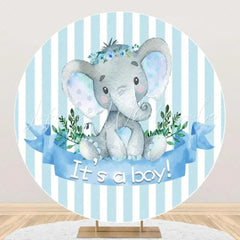 Lofaris Blue Elephant Stripe Leaf Round Baby Shower Backdrop