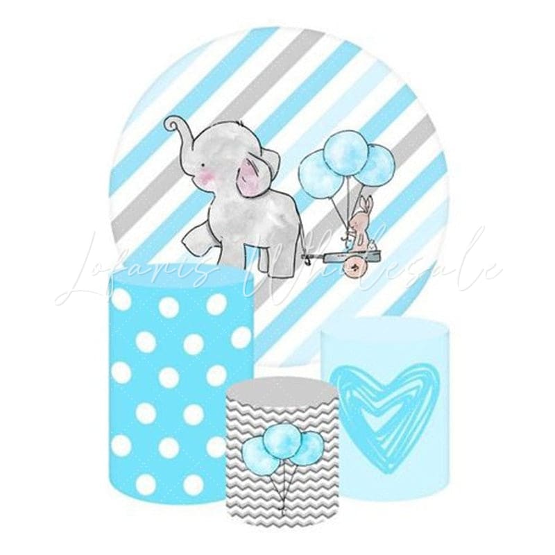 Blue Elephant Themed Round Backdrop and Cylinders Kit for Parties