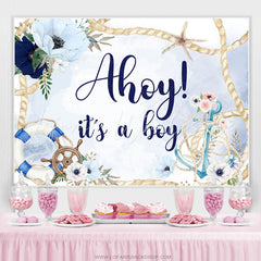 Lofaris Blue Floral Ahoy It A Boy Backdrop For Baby Shower