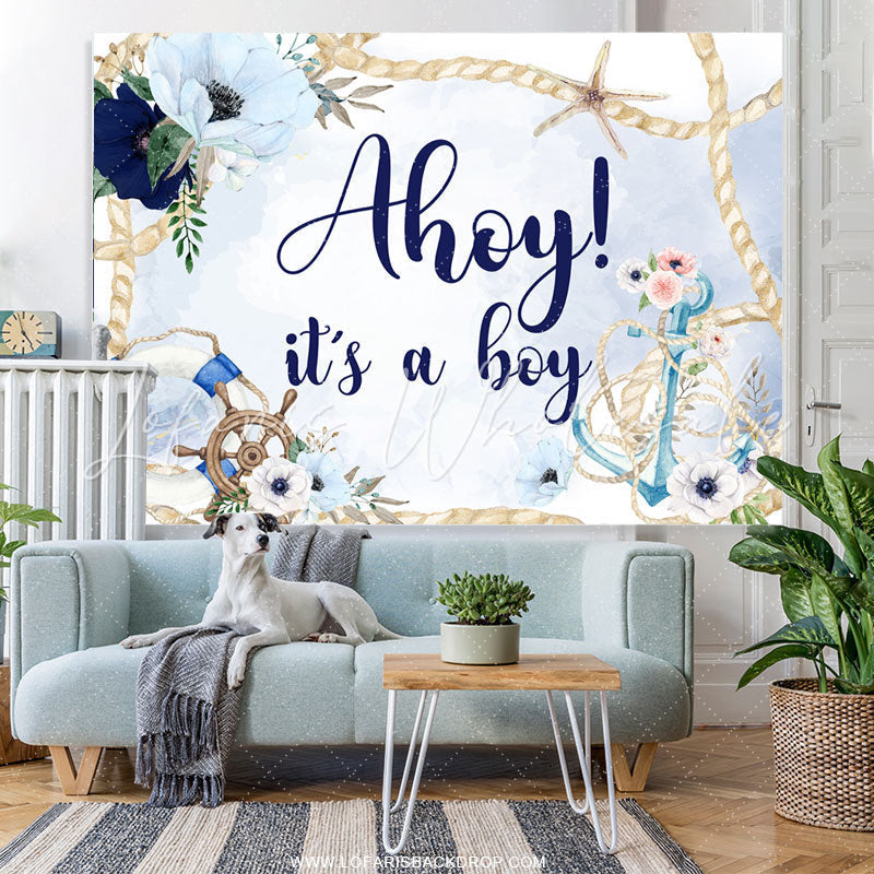 Lofaris Blue Floral Ahoy It A Boy Backdrop For Baby Shower