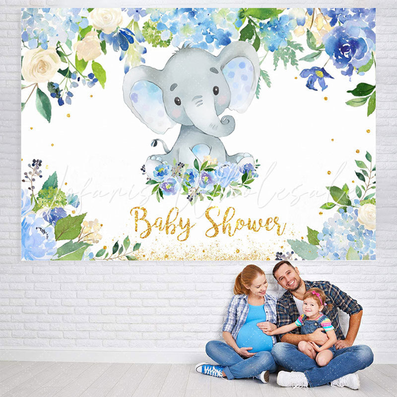 Lofaris Blue Floral and Baby Elephent Shower Backdrop