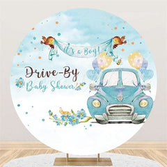 Lofaris Blue Floral And Car Its A Boy Round Baby Shower Backdrop