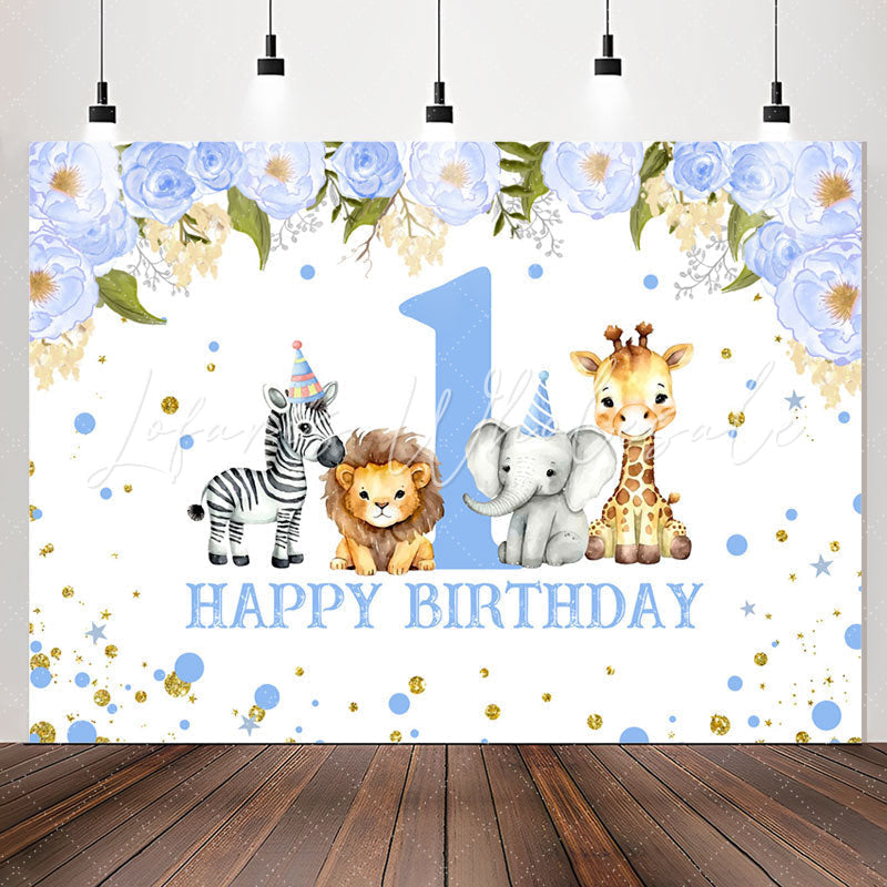 Lofaris Blue Floral Animals Safari 1St Birthday Backdrop