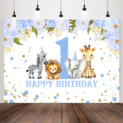 Lofaris Blue Floral Animals Safari 1St Birthday Backdrop