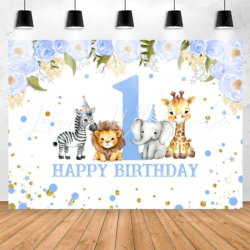 Lofaris Blue Floral Animals Safari 1St Birthday Backdrop