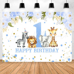 Lofaris Blue Floral Animals Safari 1St Birthday Backdrop