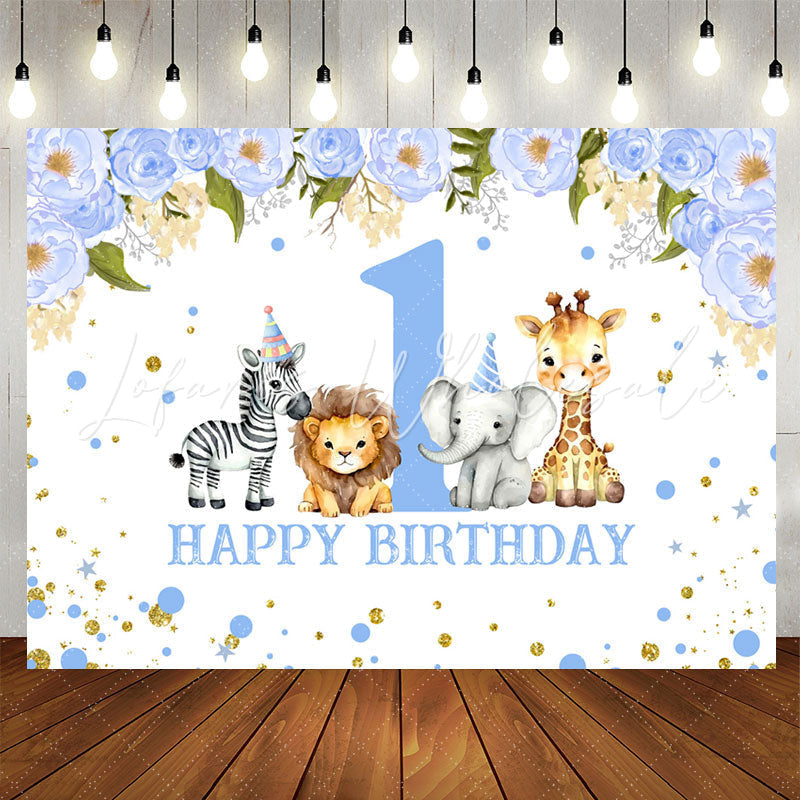 Lofaris Blue Floral Animals Safari 1St Birthday Backdrop