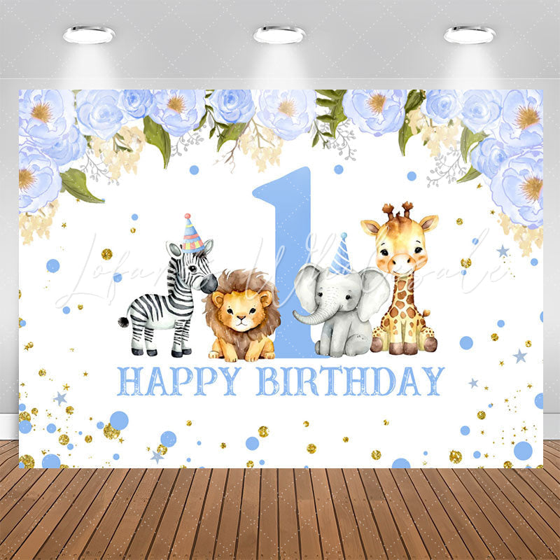 Lofaris Blue Floral Animals Safari 1St Birthday Backdrop