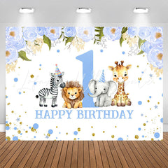 Lofaris Blue Floral Animals Safari 1St Birthday Backdrop