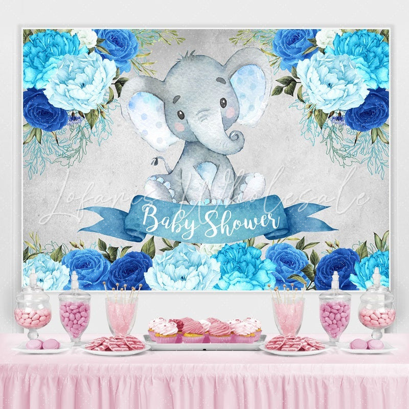 Lofaris Blue Floral Baby Elephent Shower Backdrop for Boy