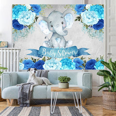 Lofaris Blue Floral Baby Elephent Shower Backdrop for Boy