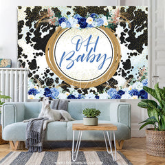 Lofaris Blue Floral Dairy Cattle Gold Baby Shower Backdrop