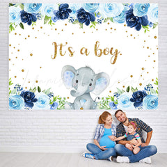 Lofaris Blue Floral Elephant Its A Boy Backdrop for Baby Shower