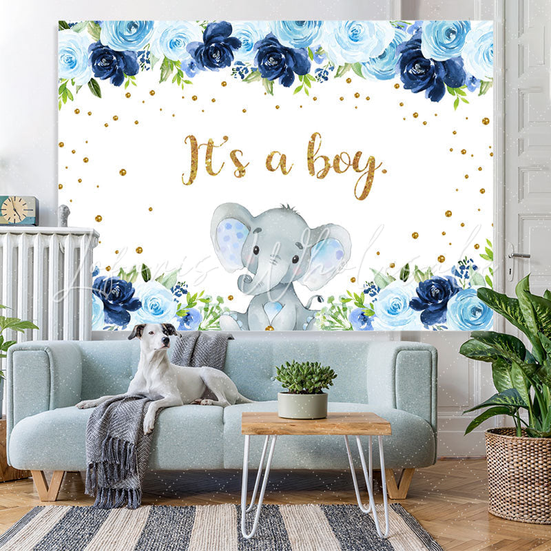 Lofaris Blue Floral Elephant Its A Boy Backdrop for Baby Shower