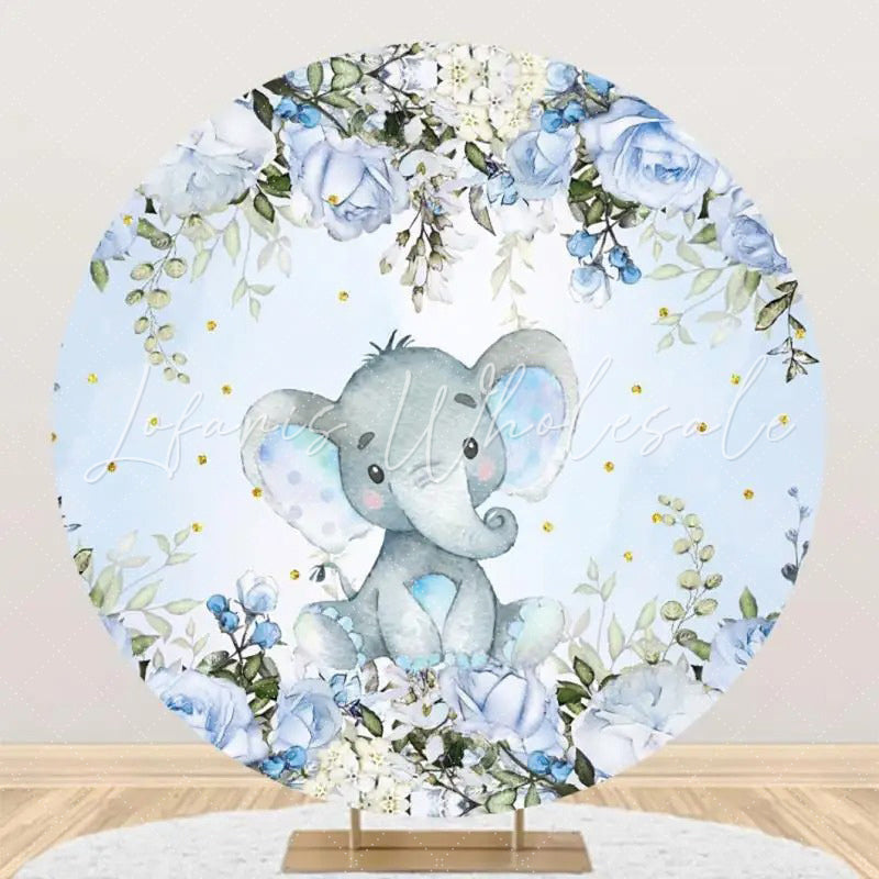 Lofaris Blue Floral Elephant Leaf Round Baby Shower Backdrop
