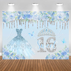 Lofaris Blue Floral Glitter Sweet 16th Birthday Backdrop