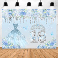 Lofaris Blue Floral Glitter Sweet 16th Birthday Backdrop