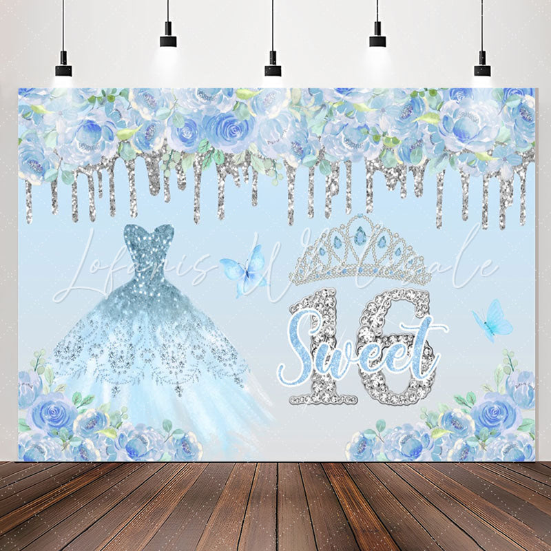Lofaris Blue Floral Glitter Sweet 16th Birthday Backdrop