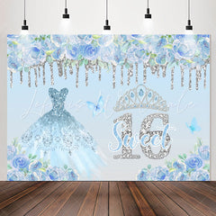 Lofaris Blue Floral Glitter Sweet 16th Birthday Backdrop