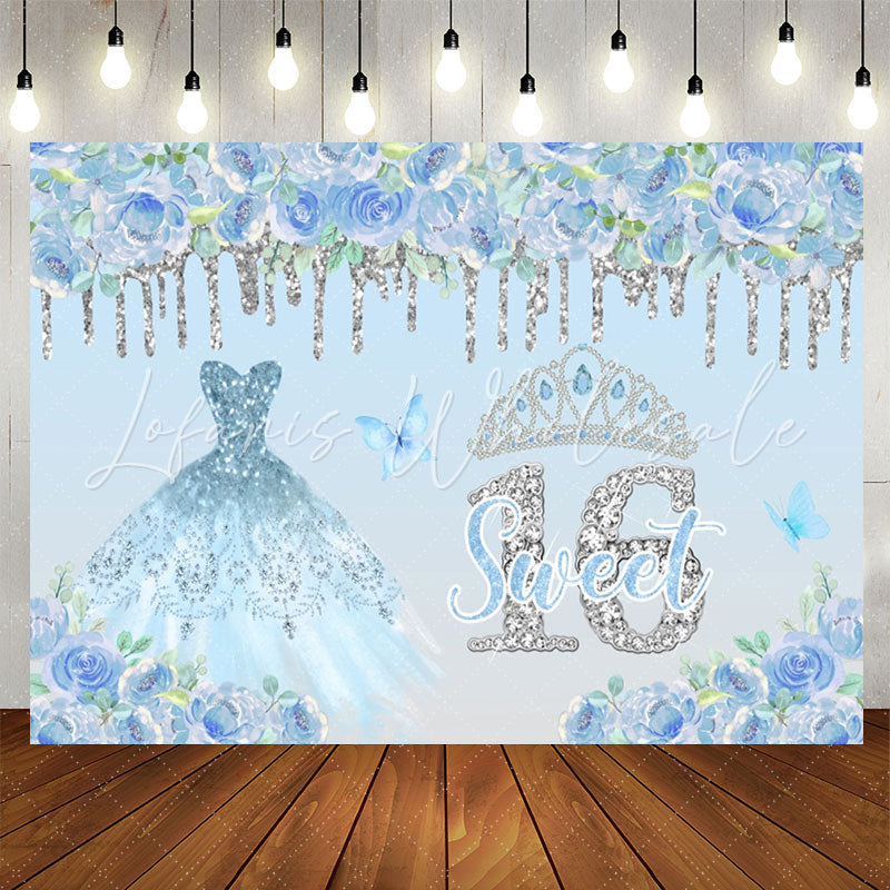 Lofaris Blue Floral Glitter Sweet 16th Birthday Backdrop