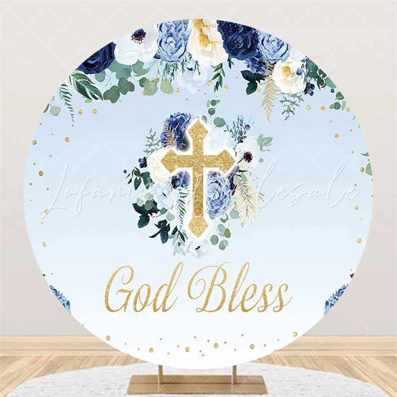Lofaris Blue Floral Gold God Bless Round Baby Shower Backdrop