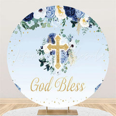 Lofaris Blue Floral Gold God Bless Round Baby Shower Backdrop