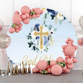 Lofaris Blue Floral Gold God Bless Round Baby Shower Backdrop