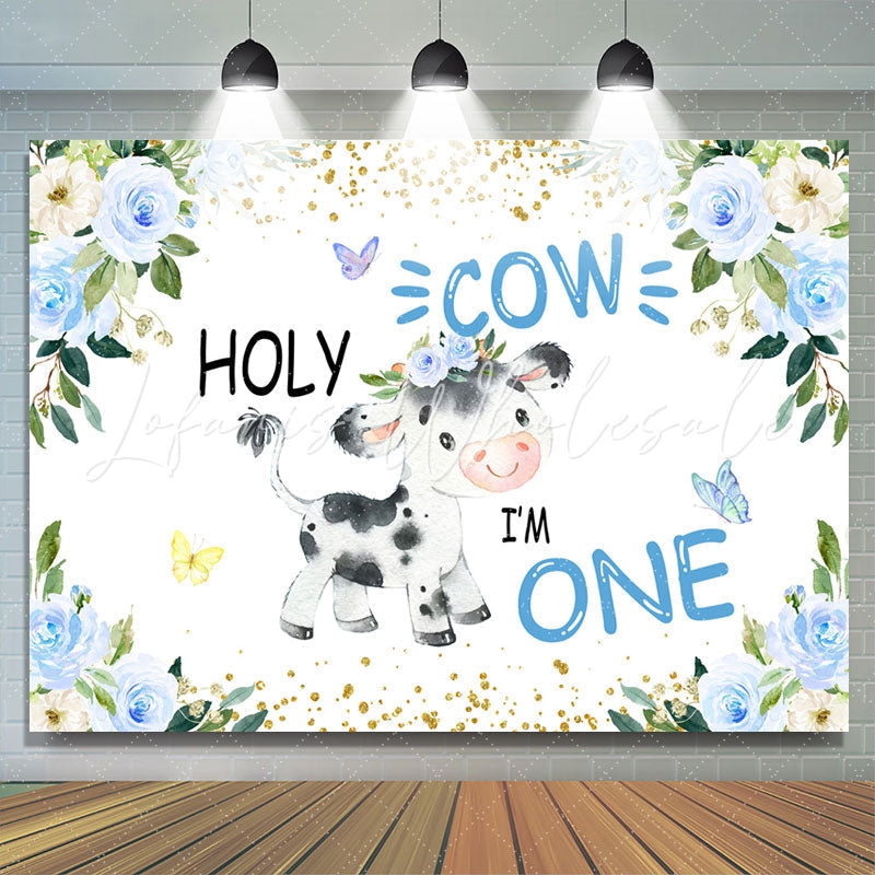 Lofaris Blue Floral Holy Cow Happy 1St Birthday Backdrop