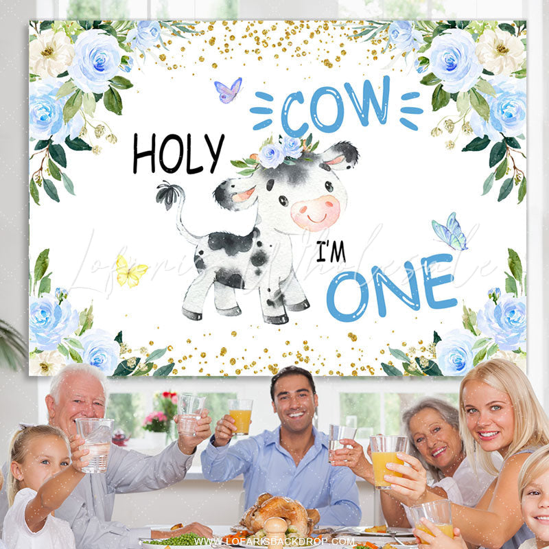 Lofaris Blue Floral Holy Cow Happy 1St Birthday Backdrop