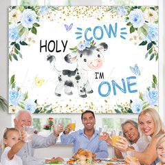 Lofaris Blue Floral Holy Cow Happy 1St Birthday Backdrop