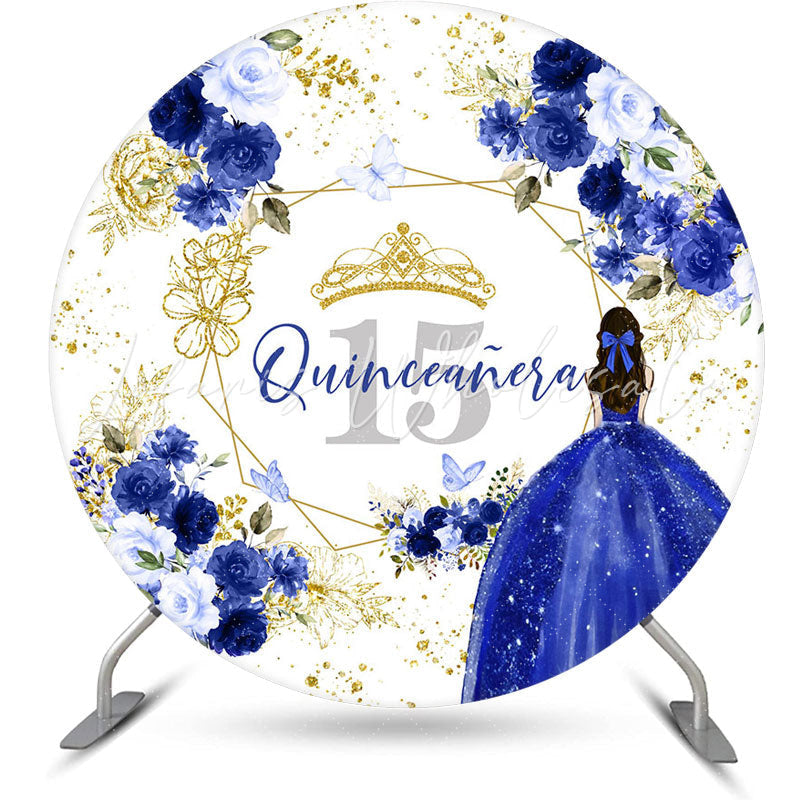 Lofaris Blue Floral Quinceanera Round 15th Birthday Backdrop