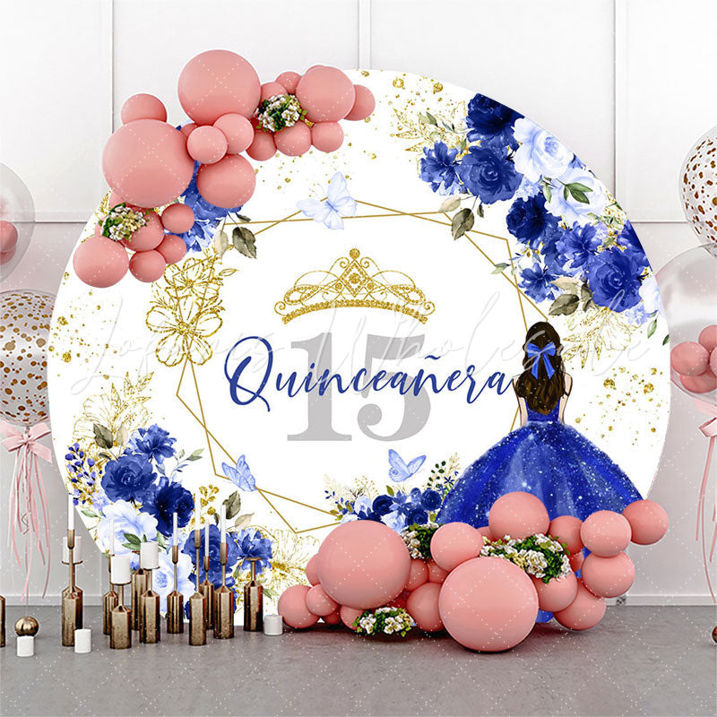 Lofaris Blue Floral Quinceanera Round 15th Birthday Backdrop