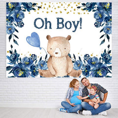 Lofaris Blue flower balloon teddy bear baby shower Backdrop