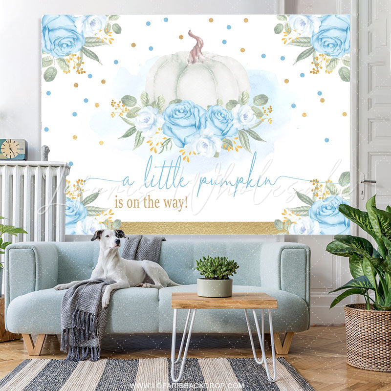 Lofaris Blue Flower Sweet Pumpkin On The Way Baby Shower Backdrop