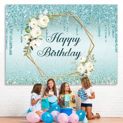 Lofaris Blue Glitter And Floral Happy Birthday Party Backdrop
