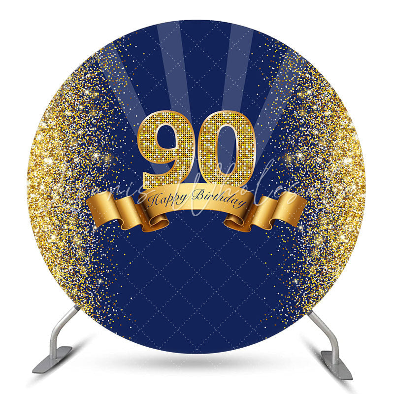 Lofaris Blue Glitter Gold Round Happy 90th Birthday Backdrop