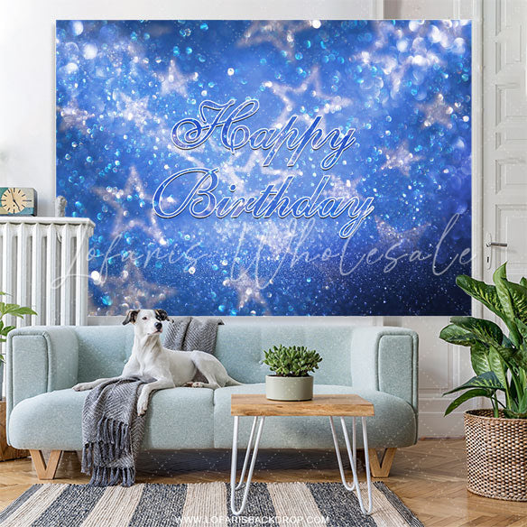 Lofaris Blue Glitter Stars Bokeh Happy Birthday Backdrop
