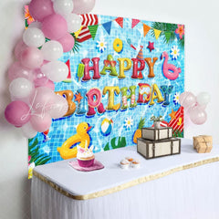 Blue Happy Birthday Pool Party Backdrop For Summer Vacation