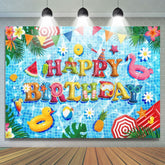 Blue Happy Birthday Pool Party Backdrop For Summer Vacation