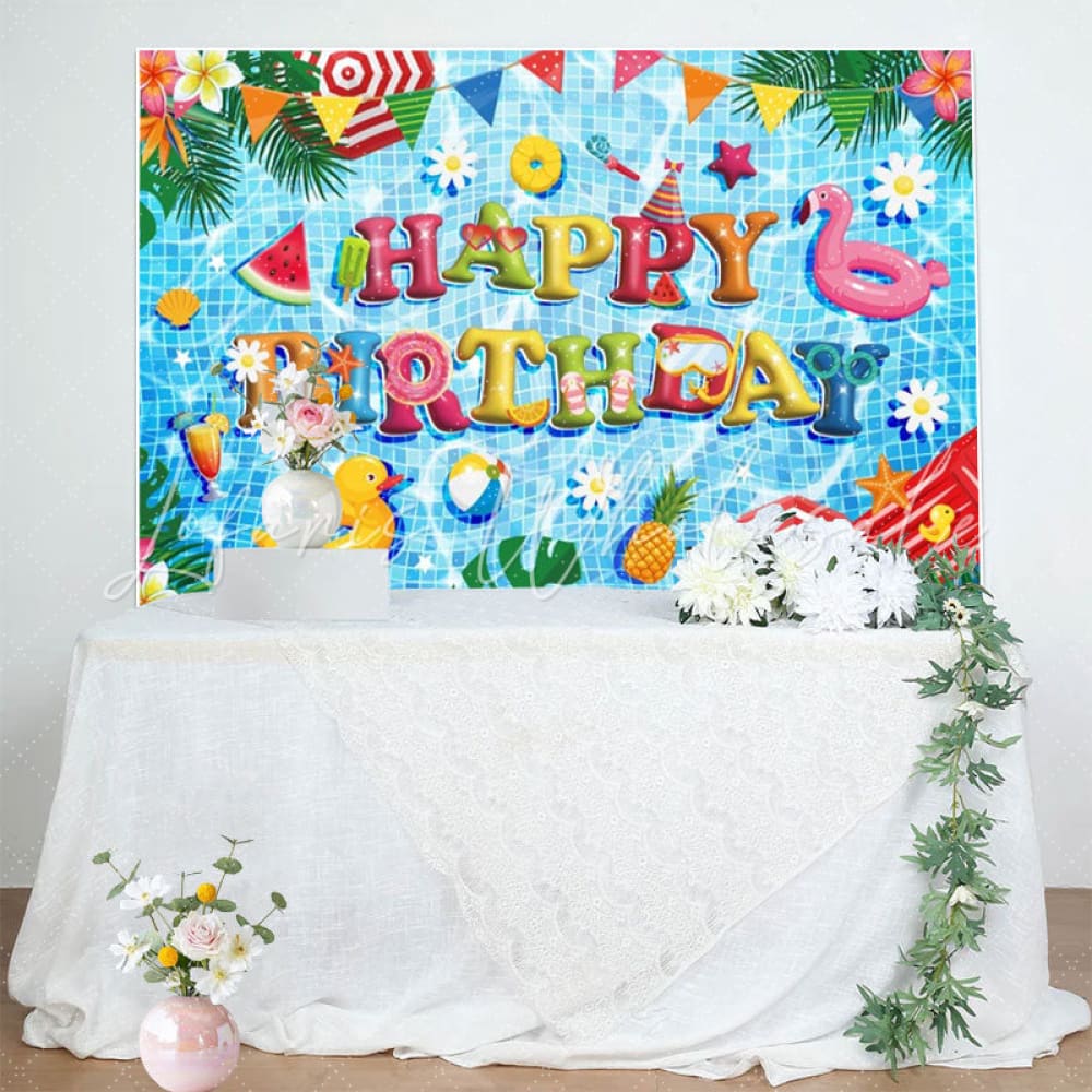 Blue Happy Birthday Pool Party Backdrop For Summer Vacation